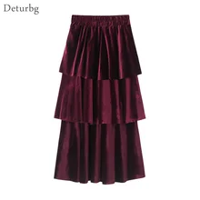 Женские юбки в Корейском стиле с многослойными рюшами, Женская эластичная юбка с высокой талией, однотонная плиссированная бархатная Юбка-миди, Осень-зима, SK249