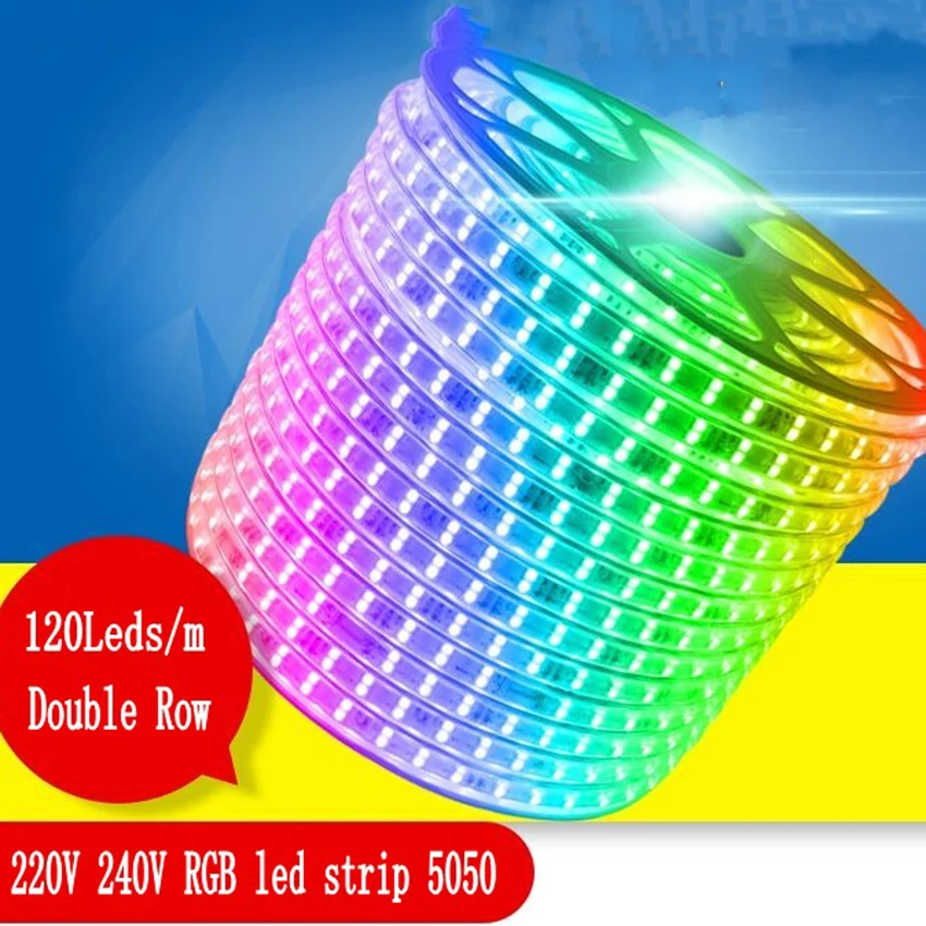 120 светодиодов/м Двухрядные 220 в 240 В RGB светодиодные ленты 5050 теплый белый/фиолетовый/красный/RGB светодиодный ленточный светильник 1 м 5 м 10 м 15 м 20 м 50 м 100 м