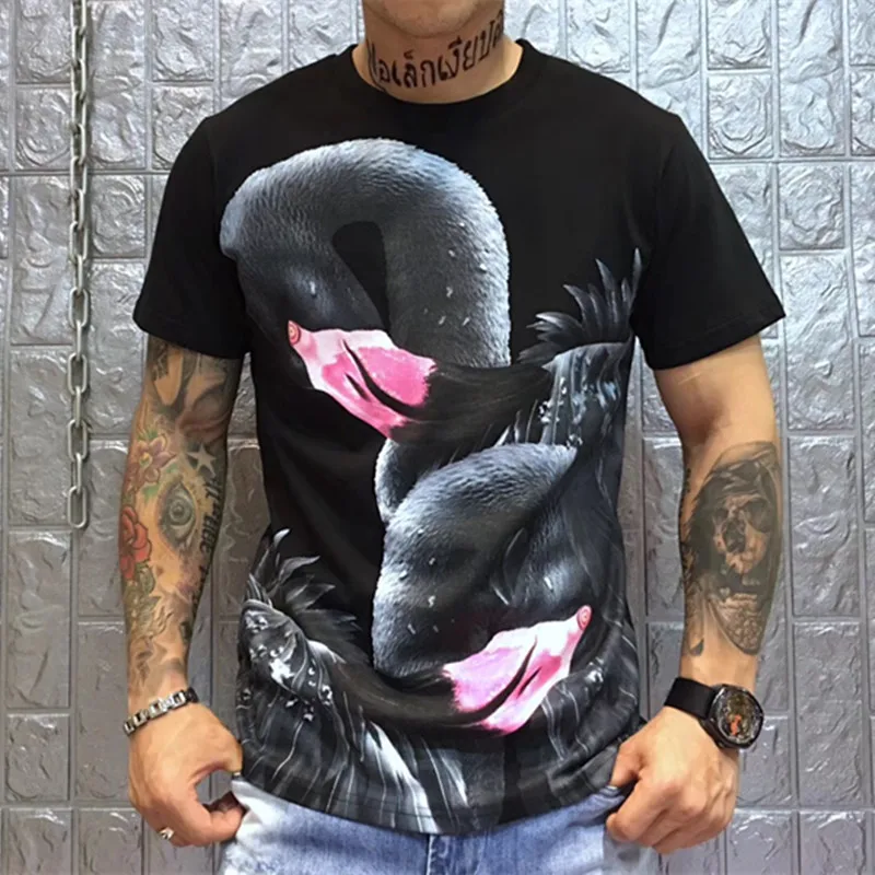 

2018 summer new fashion arrival designer flamingo print brand tee t shirts for men short sleeve clothing
