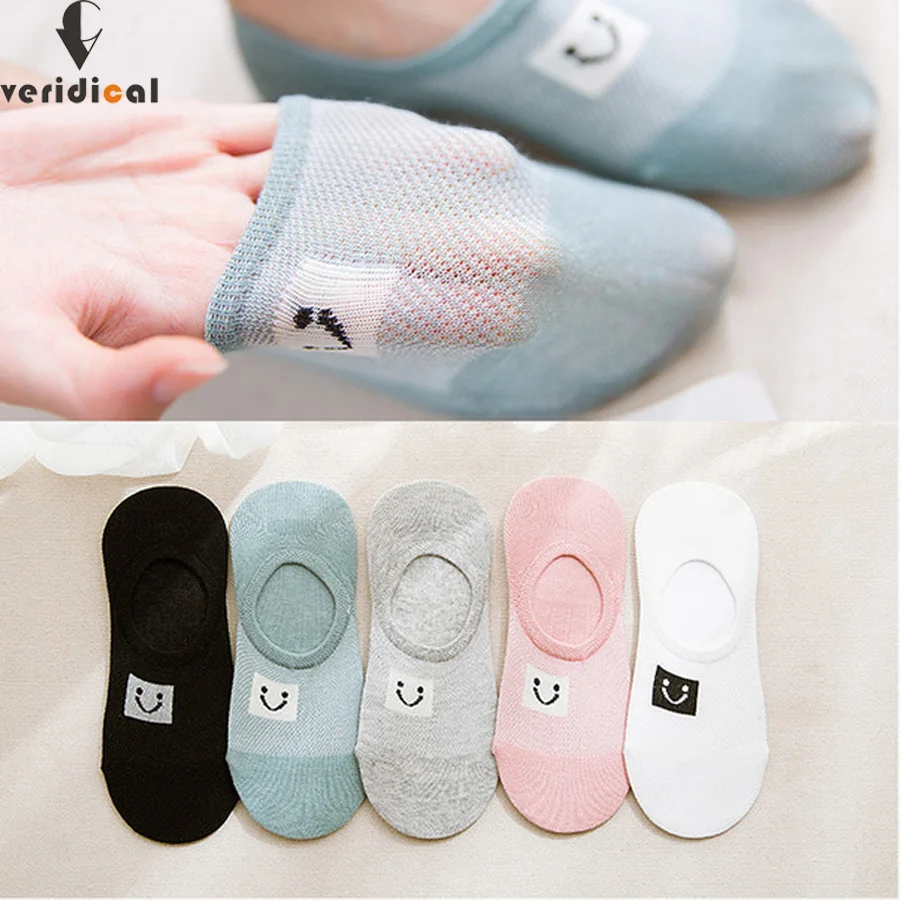 VERIDICAL, 5 пар/лот, летние невидимые носки для женщин и девочек, нескользящие носки со смайликом, дышащие короткие носки, meias mulheres