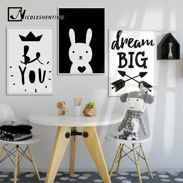 Black white cartoon rabbit wall art canvas motivational posters and prints painting nursery picture children bedroom Black white cartoon rabbit wall art canvas motivational posters and prints painting nursery picture children bedroom