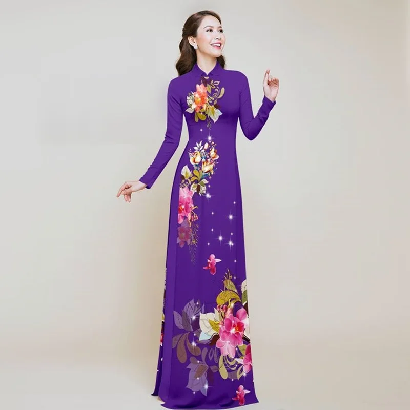 Aodai вьетнамская одежда cheongsam aodai вьетнамское платье вьетнамское традиционное платье с длинными рукавами cheongsam современного размера плюс - Цвет: purple