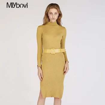

Women Patchwork Sheath Sweater Dress with belt winter knitted sweater Cotton Women Dress jumper Autumn Long sleeve sweater Vesti