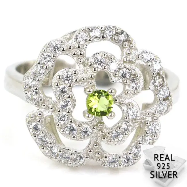 

3.9g Real 925 Solid Sterling Silver New Designed Rose Shape Green Peridot Present Ring US 7.25# 17x17mm