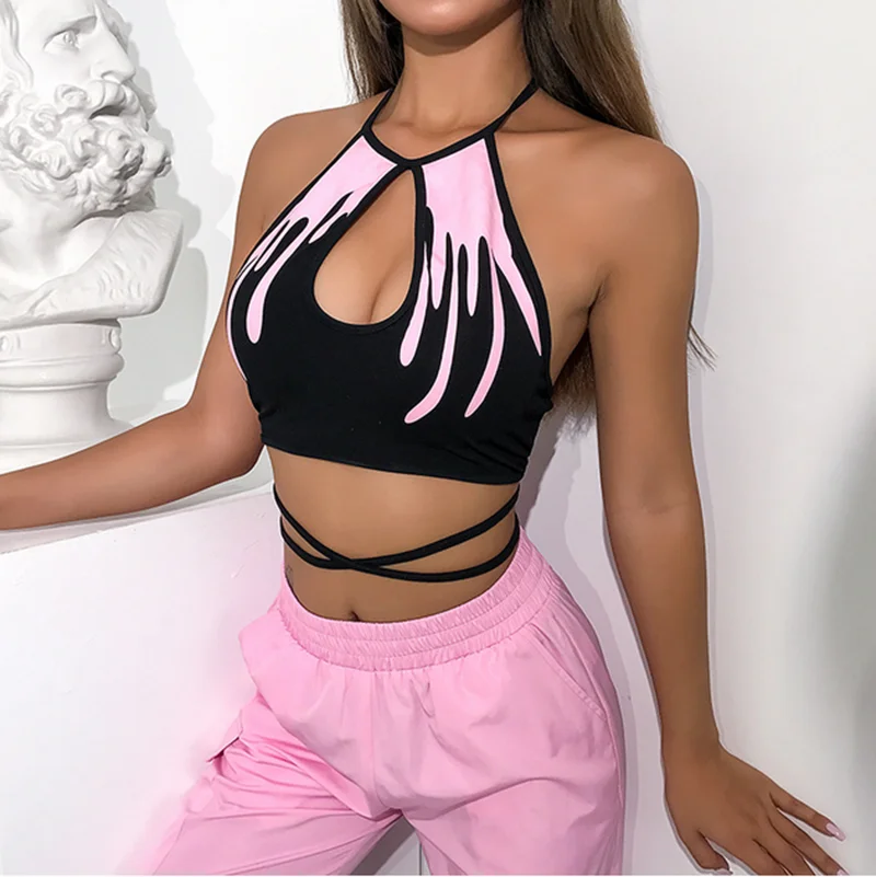 

Women Summer Bare Midriff Front Hole Sleeveless Halter Print Bustier Crop Top Tube Tank Top Vest Ladies T-Shirt