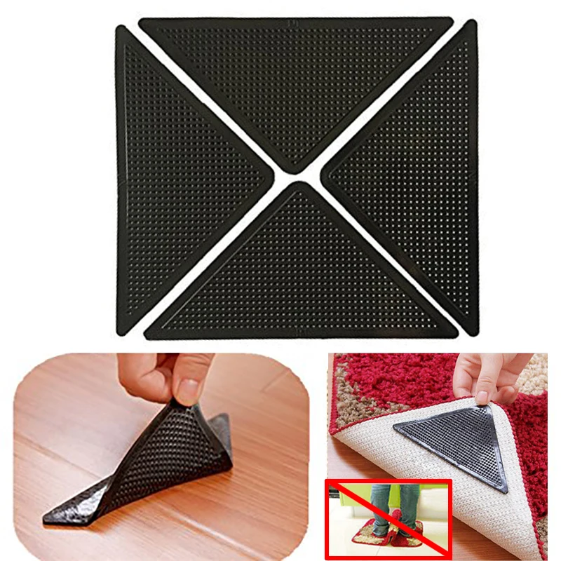 

4pcs/Set Reusable Washable Rug Carpet Mat Grippers Non Slip Anti Skid Silicone Grip For Home Bath Living Room Black