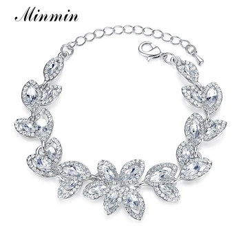 

Minmin Fashion Silver Color Bracelets Bangles 2 Colors Bridal Leaf Crystal Bracelets for Women Wedding Party Jewelry 2019 SL046