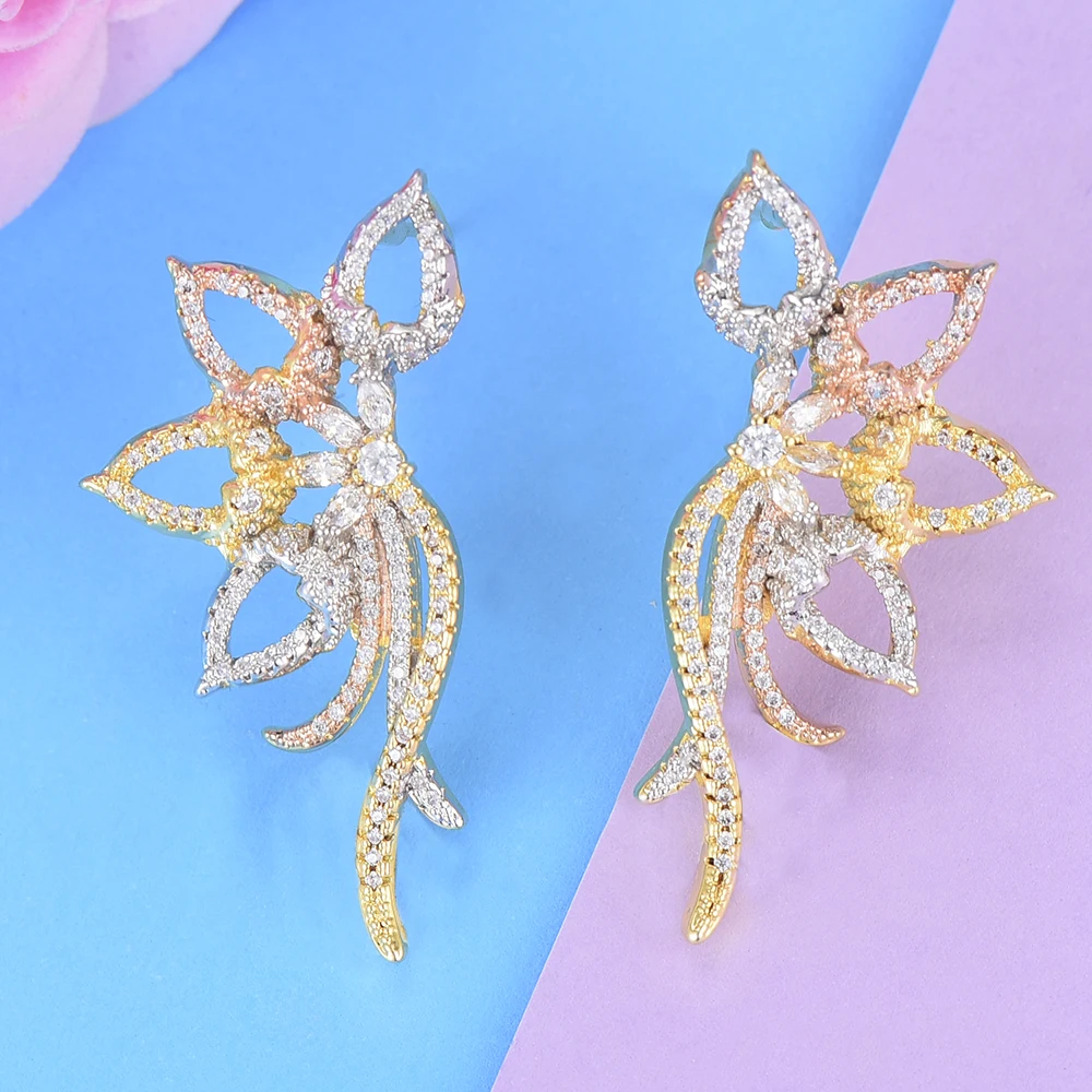 Godki роскошный 3 тон цветок листья серьги гвоздики для женщин Свадебные кубический циркон Кристалл Африка Дубай серебряные свадебные серьги новые