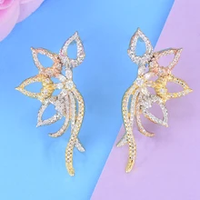 Godki роскошный 3 тон цветок листья серьги гвоздики для женщин Свадебные кубический циркон Кристалл Африка Дубай серебряные свадебные серьги новые