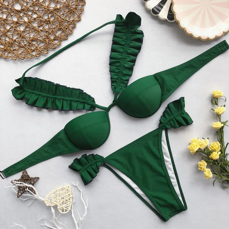 

New Arrival Beachwear Low Waist Swimsuit Brazilian Biquini New Sexy Green Ruffles Straps Swimwear Women Bikini 2019