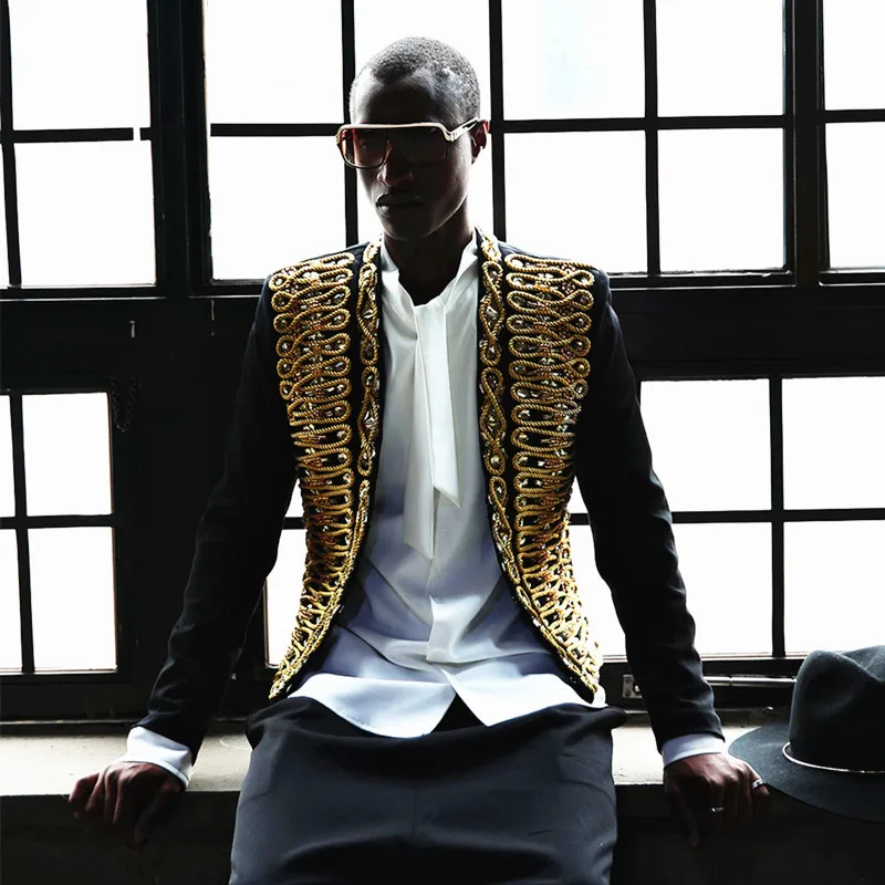 

Luxury Baqoue Seqin String Blazer Men Party Stage DJ Jacket Men Performance Gold Black Outft Men