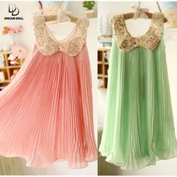 

Hot sale! 2015 Summer Girls Pleated Chiffon One-Piece Dress With Paillette Collar Children Colthes For Kids Baby, Pink/Green