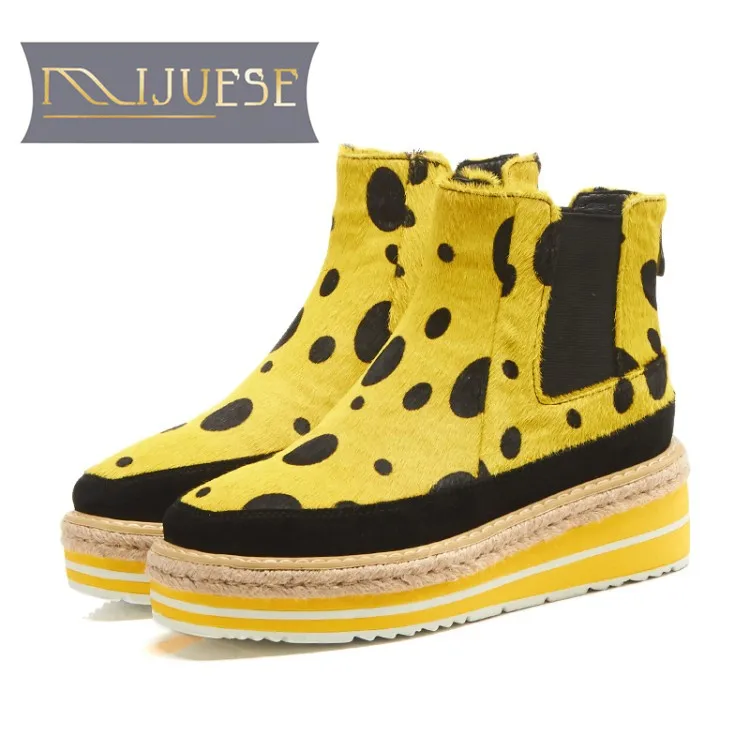 

MLJUESE 2018 women ankle boots horsehair Polka dot yellow color autumn spring women platform Chelsea boots women size 34-40