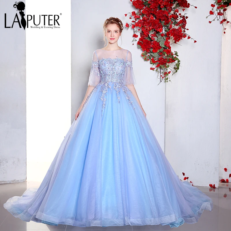 

Real Photo Vestidos De Festa Vestido de Novia 2017 Light Blue Ball Gown Half Sleeves Pageant Prom Evening Dress