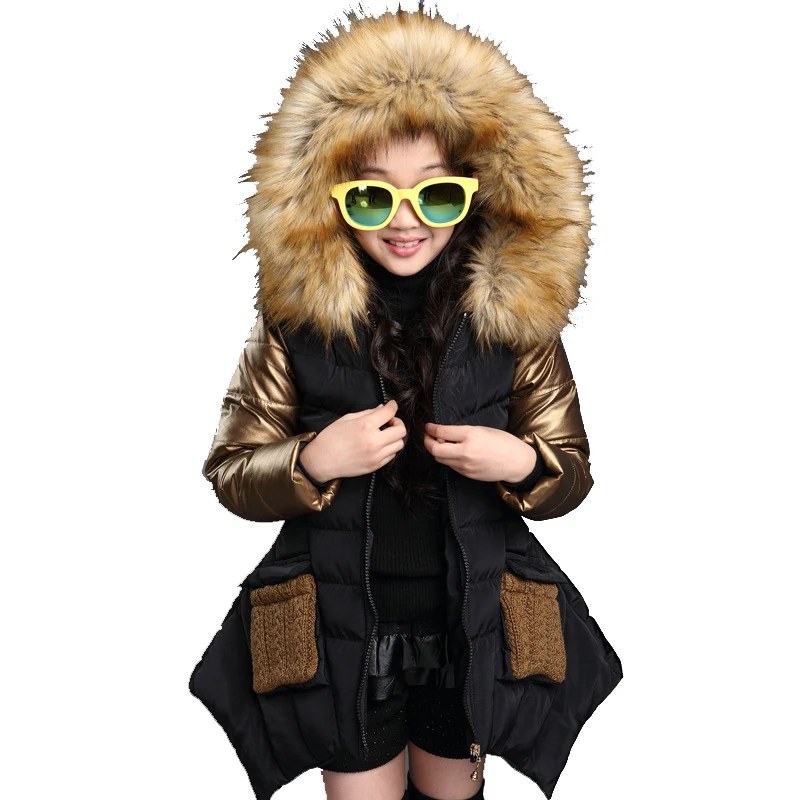 

Children's Girls Winter School Warm Long Cotton-padded Jacket Coat For Teens Girls Kids Fur Collar Parka Coats Outerwear Clothes