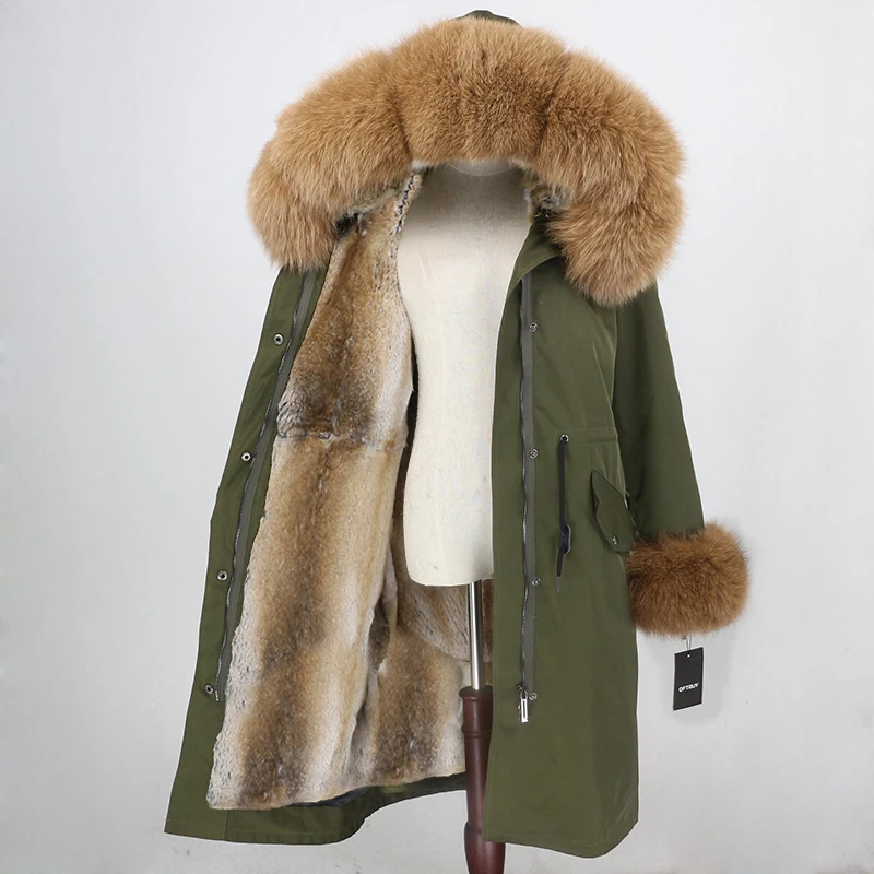 OFTBUY X-long Parka водонепроницаемое пальто натуральный мех зимняя куртка женская натуральный Лисий мех воротник капюшон манжеты подкладка из натурального кроличьего меха Повседневная - Цвет: green camel