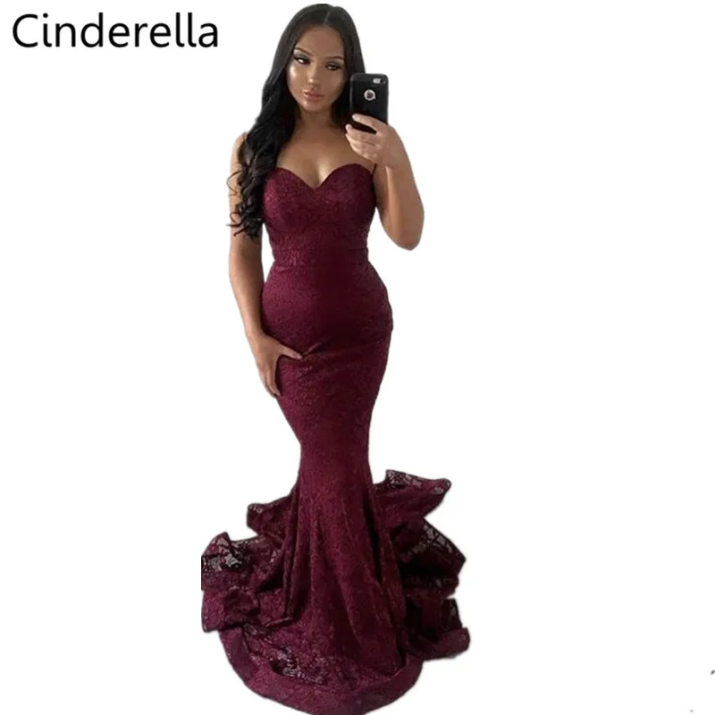 

Cinderella Elegant Burgundy Sleeveless Floor Length Mermaid Lace Evening Dresses 2019 New Zipper Back Seep Train Evening Dresses