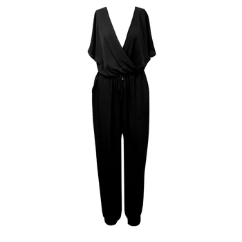 

Women ladies Summer fashion casual loose jumpsuit Short Sleeve v-neck solid drawstring jumpsuit&romper tourser