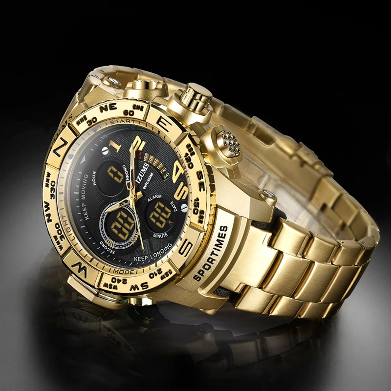 2018 brave for men cool big case golden steel band dual time zones watches for men led digital quartz mens watches drop shipping 2019  (55)