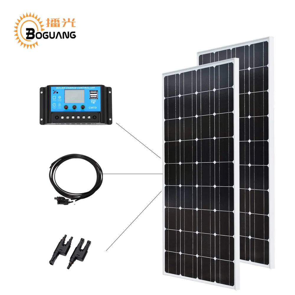 Carregador de Casa Boguang 12 V e 24 V e 20a Controlador 100 w Vidro pv Célula Solar Monocristalino Painel Solar Módulo 200 w Kit Solar Diy 12 v Bateria