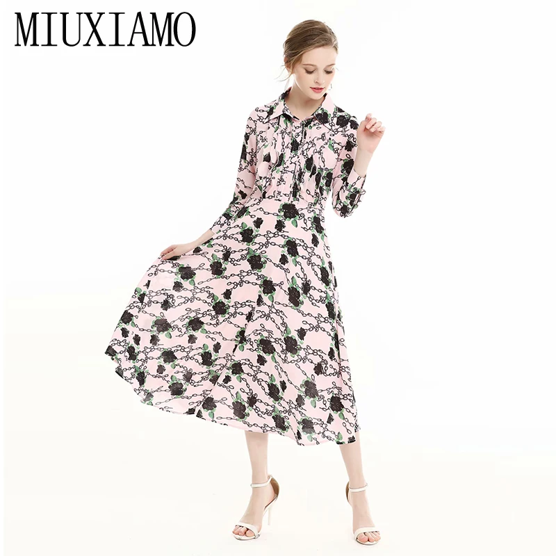 MIUXIMAO/ осеннее длинное платье Модное Новое поступление, принт с цепочкой в виде листьев, высокое качество, розовое длинное платье в пол, женское платье, Vestido