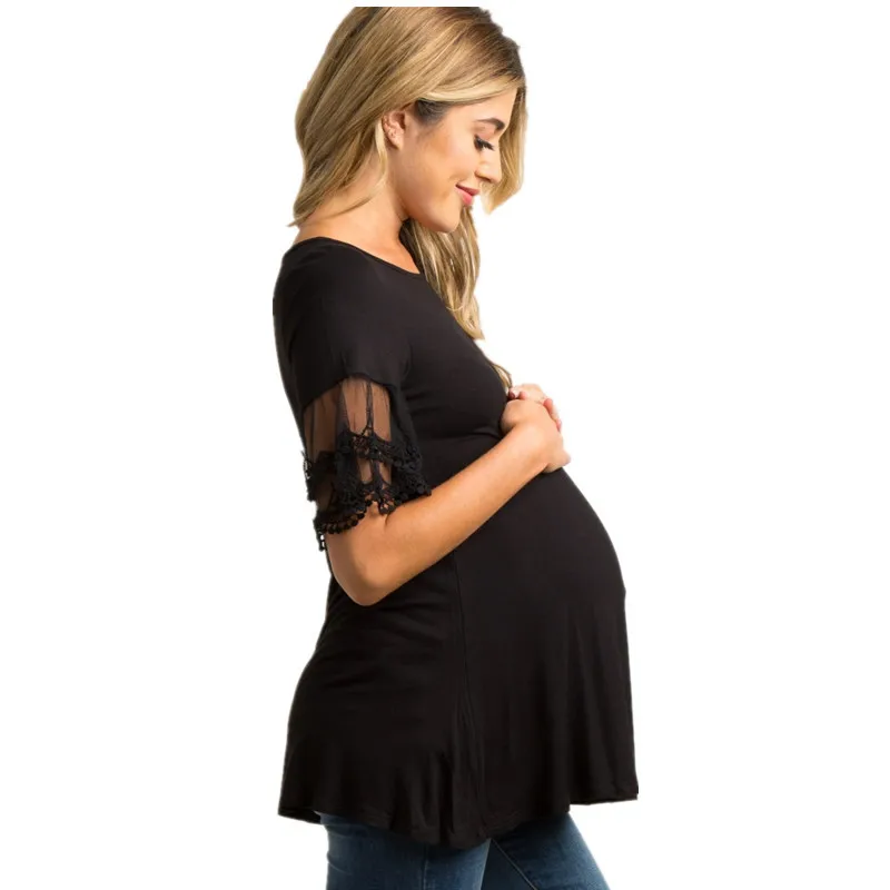 Женские Классические Бейсбол с круглым вырезом кружево короткий рукав топы для беременных Туника футболки Беременность одежда