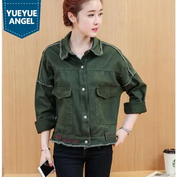 

Autumn Long Sleeve Womens Jeans Jacket Loose Fit Lapel Collar Pockets Female Outerwear Coat Short Style Jackets Khaki Army Green