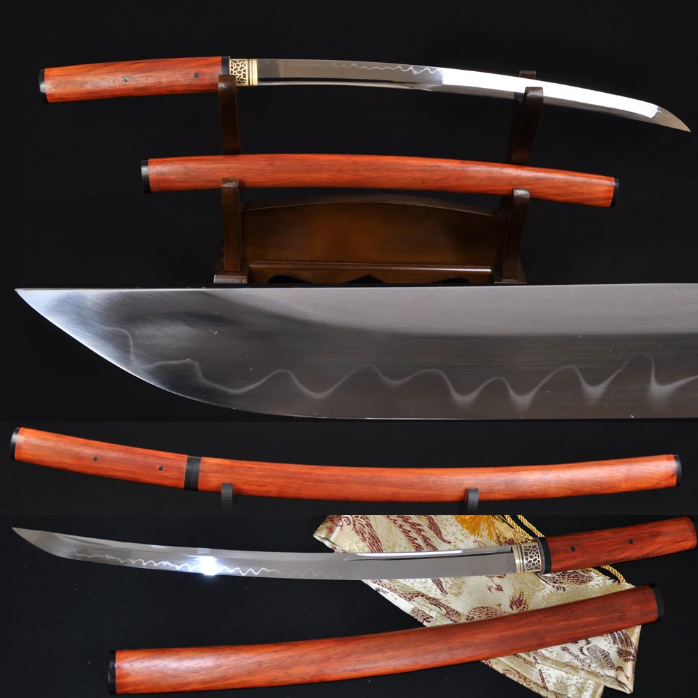 

FULL TAND RED WOODED JAPANESE SAMURAI FUNCTIONAL SWORD WAKIZASHI 1095 CLAY TEMPERED BLADE BATTLE READY CAN CUT TREES WHOLESALE