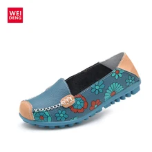 WeiDeng Women Casual Genuine Leather Boat Comfortable Soft Gommino Flat Ventilation Fashion Printing Flat Slip On Shoes 4 Color