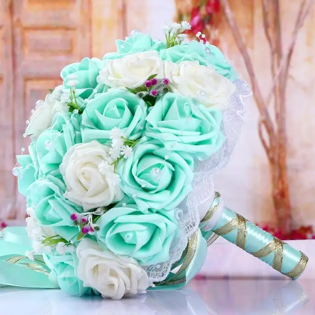 30 роз свадебные букеты ручной работы Свадебный цветок свадебные подарки свадебные аксессуары цветы груши бисером с лентой - Цвет: Blue and white