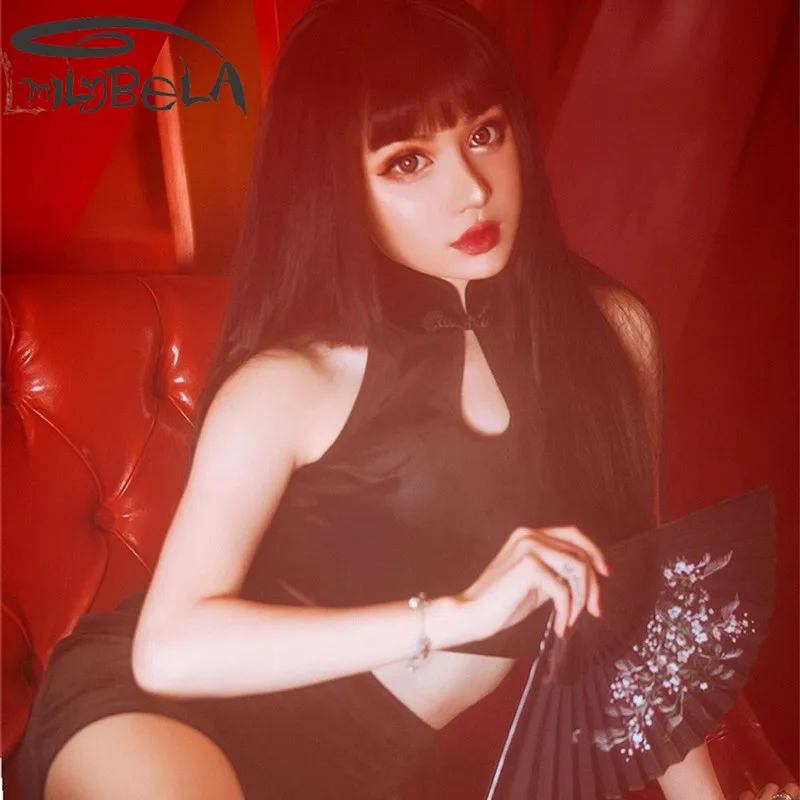 

Imily Bela Black Halter Tank Top Gothic Stand Collar Hollow Out Keyhole Crop Top Chinese Style Sleeveless Tops Sexy ClubWear
