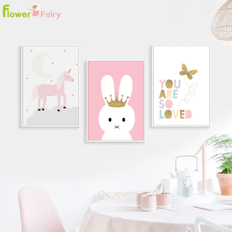 

Rabbit Baby Room Nordic Poster Cartoon Unicorn Wall Art Canvas Painting Picture Posters Pictures For Living Room Prints Unframed