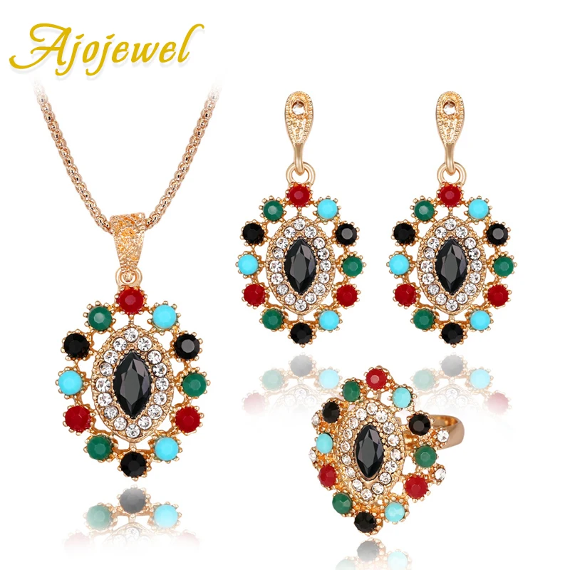 

3 Pcs African Cheap Fashion Jewelry Sets Coloful Resin Stone Necklace Earrings Ring Bohemian Style Costume Jewelry