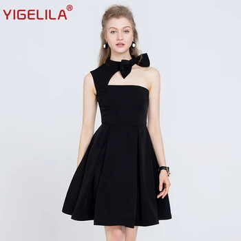 

YIGELILA 2019 Women One Shoulder Halter Party Dress Fashion Solid Sexy Sleeveless Backless Bow Empire Little Black Dress 63291