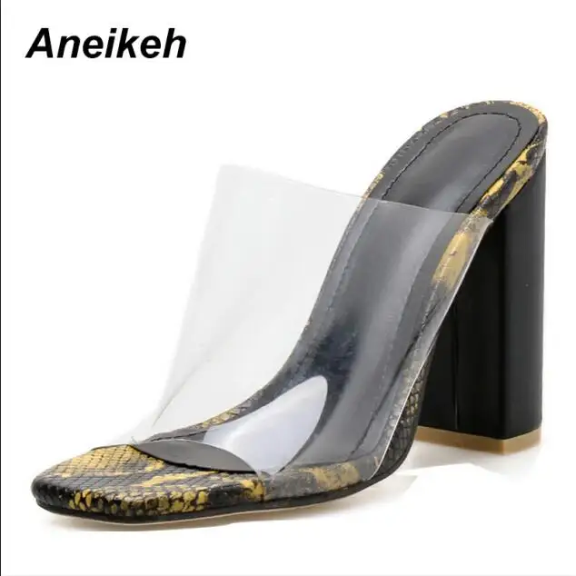 Aneikeh/ прозрачные сандалии с квадратным носком на высоком квадратном каблуке; женские шлепанцы; Туфли-лодочки; цвет черный, желтый; повседневная обувь; Новинка; Размеры 35-40 - Цвет: Black
