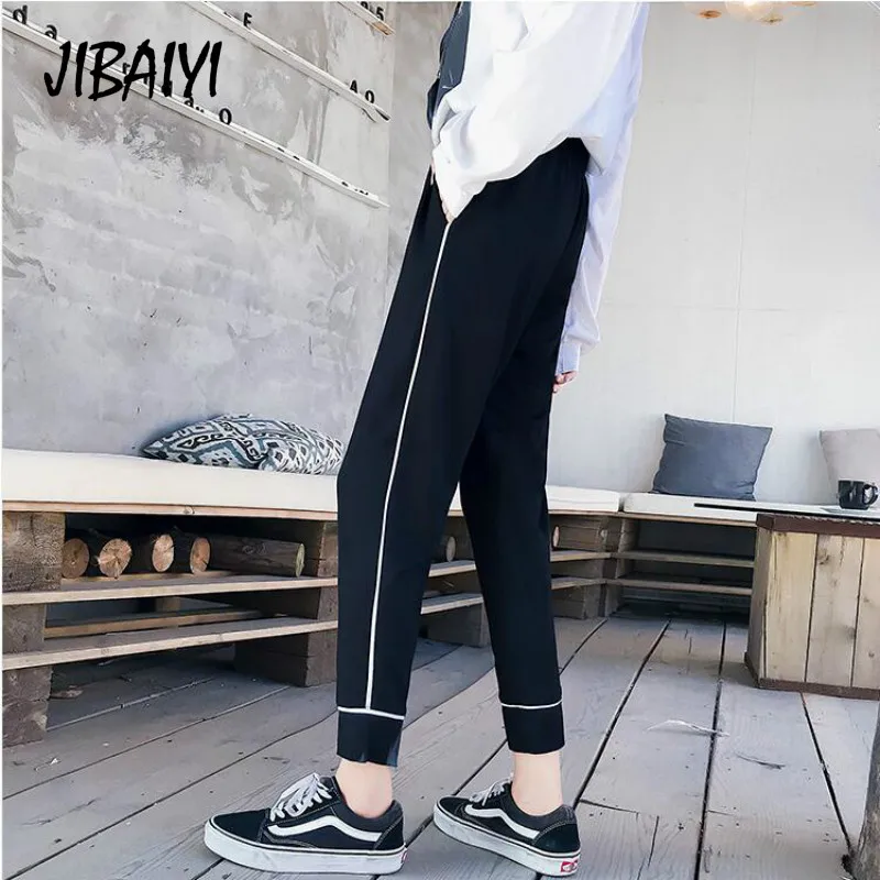 JIBAIYI Stripe Elastic Waist Spring Autumn Women Slim