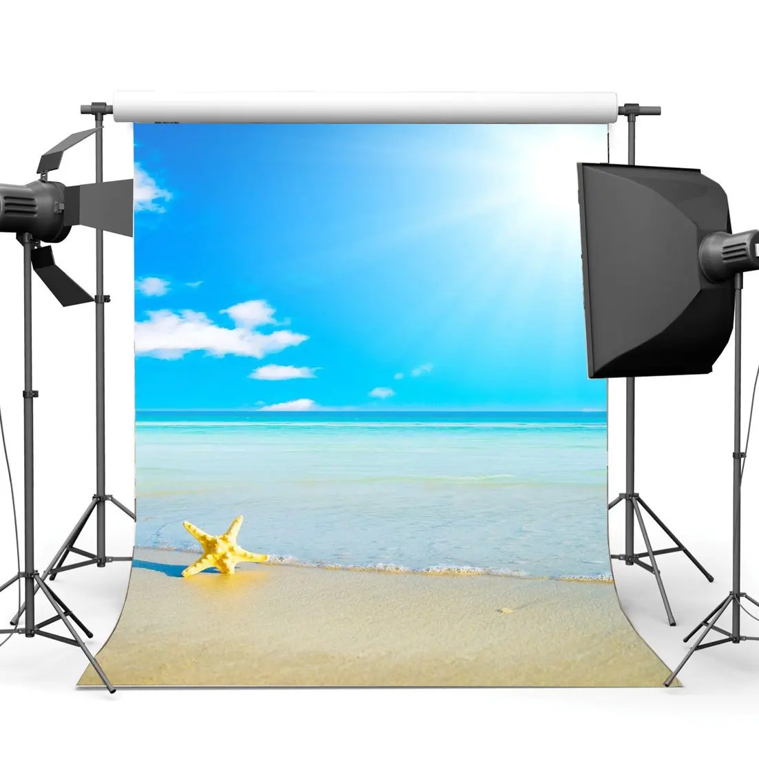 

Seaside Sand Beach Backdrop Starfish Sunshine Blue Sky White Cloud Nature Summer Background Girls Lover Wedding