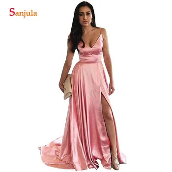 

A-line V-neck Spaghetti Straps Wedding Guest Dress Long Pink Charmeuse Bridesmaids Dresses With Slit Women Formal Wear BY09
