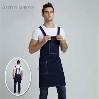 

Denim Kitchen Cooking Apron with Adjustable Cotton Strap Large Pockets Blue Barista Men and Women Homewear