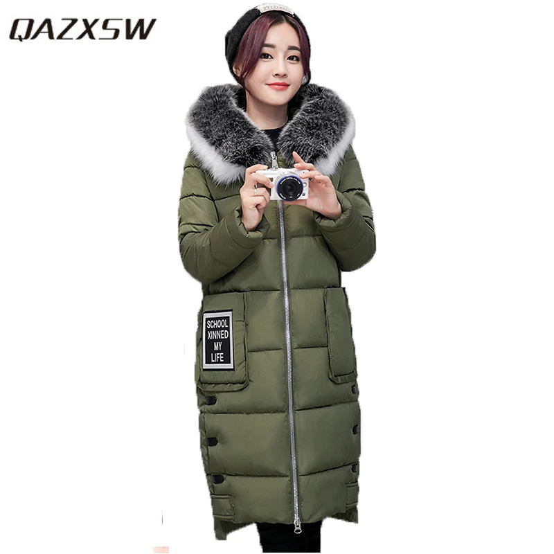 

QAZXSW 2017 Women Winter Jackets For Woman Warm Outwear Fur Collar Hooded Jacket Long Thick Padded Overcoat Abrigos Mejur HB006