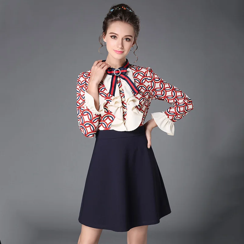 AOFULI Vintage Printed England Style Women Fall Winter Dress Elegant