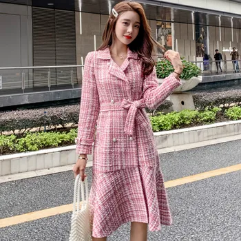 

2020 Winter Plaid Tweed Fishtail Bottom Double Breasted Sashes Slim Think Long Woolen Coat