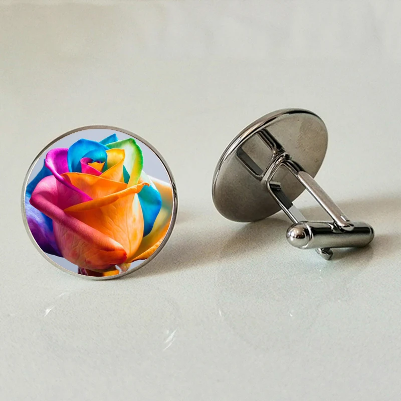 

Rainbow Rose Glass Cufflinks Red Roses Send Men's Gifts Valentine's Day Gifts High Quality Shirt Cufflinks beautiful flower