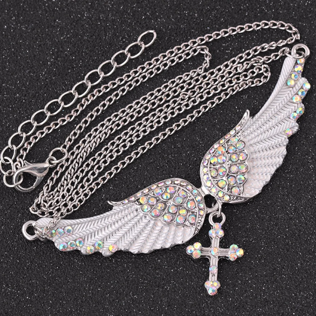 Chic Chain Necklaces Sexy Ladies Crystal Angel Wings Cross Necklaces & Pendants Fashion Jewelry For Women Shellhard