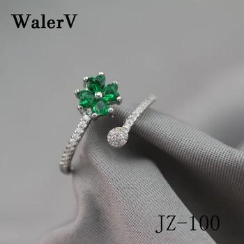 WalerV New 925 Silver Ring For Women Set Fashion Charm Green Four leaf grass Crystal Zircon Open Ring Lady Jewelry Girl Gifts
