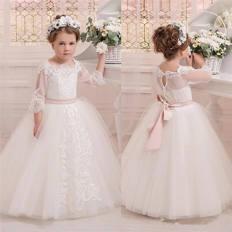 

Elegant Flower Girl Dresses White Fluffy Kids First Communion Long Sleeve Lace Applique Pageant For Banquet Dresses