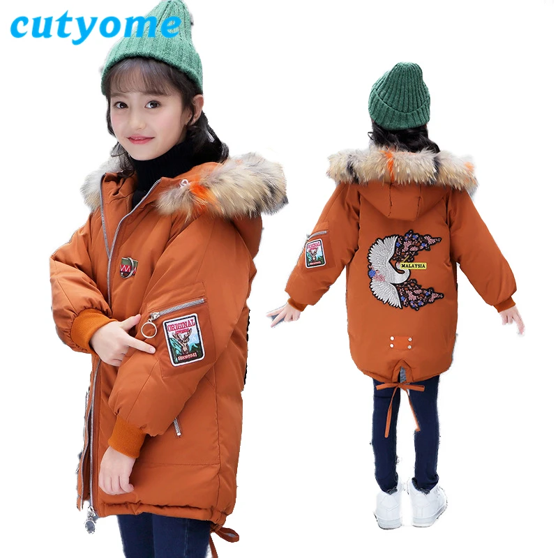 

5-16 Years Kids Girls Winter Jackets 2018 Fashion Long Children Fur Collar Eembroidery Outerwear Parka Teenage Warm Hooded Coats