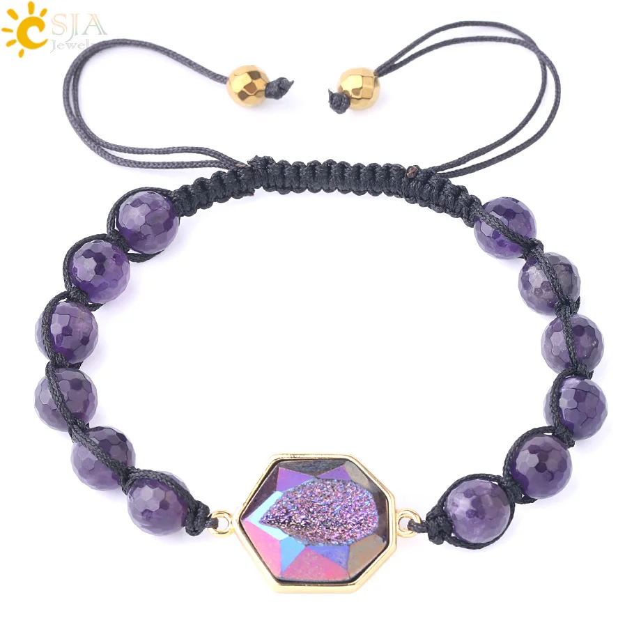 

CSJA 8mm Natural Purple Crystal Amazon Stones Bracelet Faceted Beads Druzy Quartz Weave Friendship Bracelets Unisex Jewelry F817