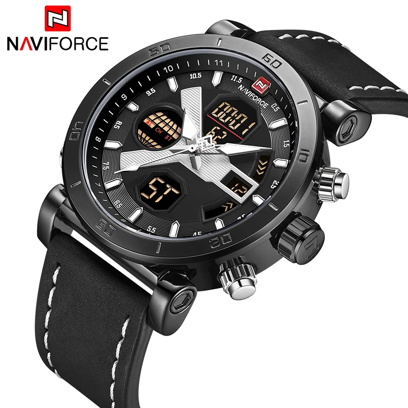 

NAVIFORCE Mens Watches Sports Waterproof Dual Display Leather Watch Men Military Luxury Top Brand Men Clock Relogio Masculino