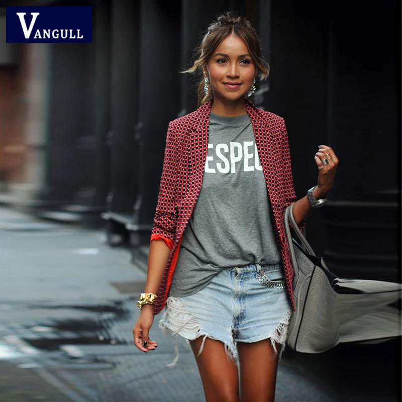 

Vangull Spring Fashion Women's Clothing Red Plaid Short Blazers Casual Slim Single Button Notched Long Sleeve Female Coats
